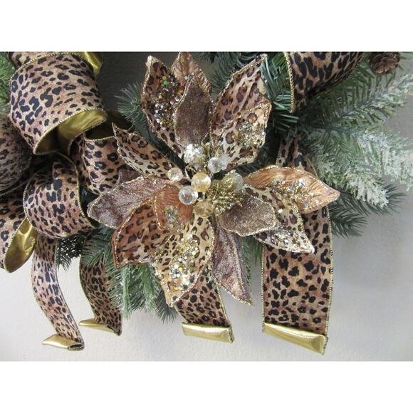 Christmas Wreath Luxurious Animal Print Jeweled Faux Evergreen Handmade 24" - Picture 5 of 6